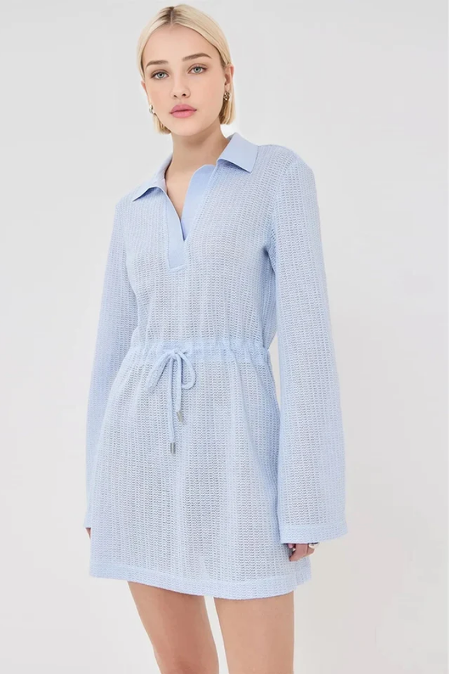 Knit lapel v-hals long sleeve jurk
