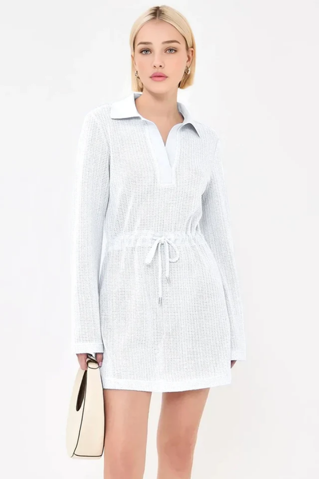 Knit lapel v-hals long sleeve jurk
