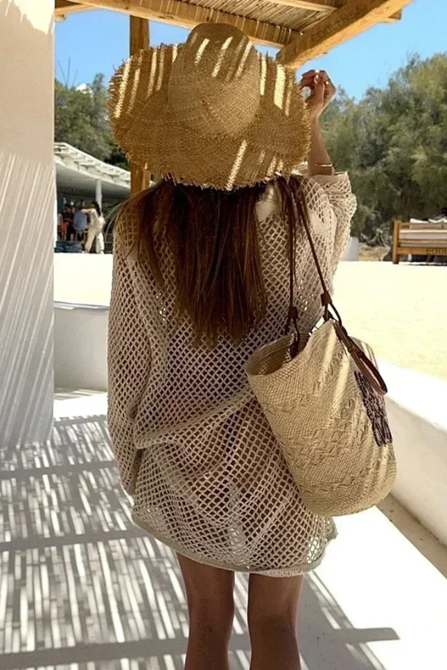 Beach knitted hollow out long sleeve cover up (video)