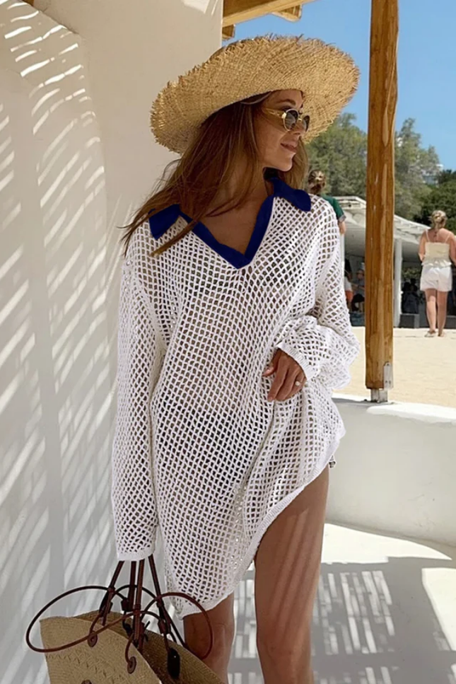 Beach knitted hollow out long sleeve cover up (video)