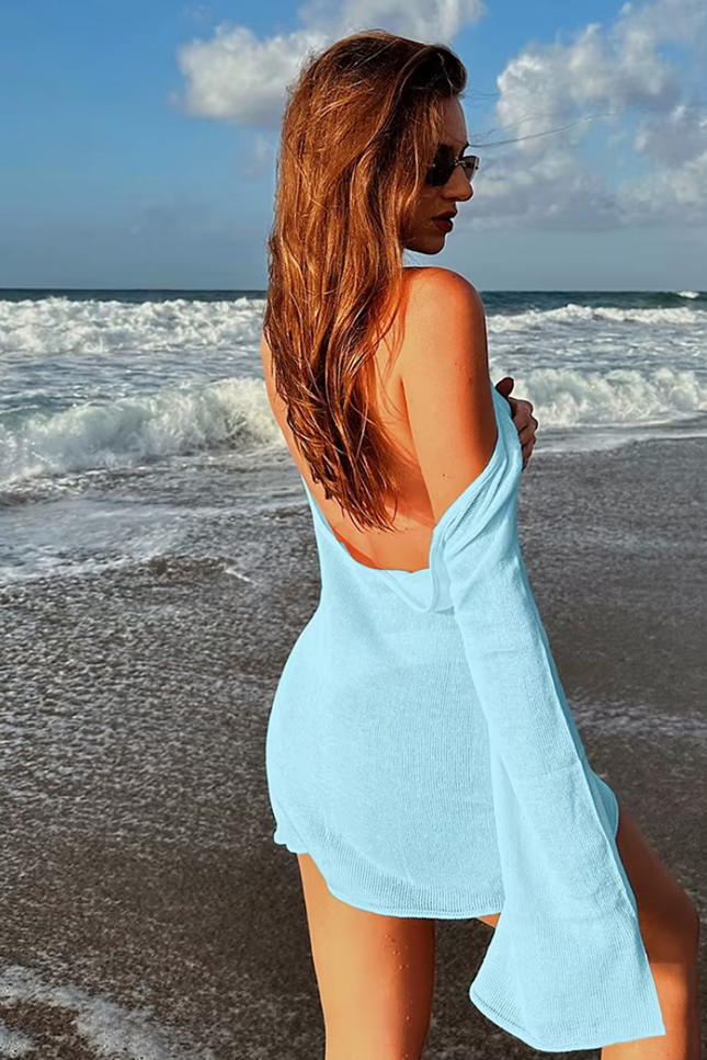 Seaside knitted backless bell sleeve oversized shirt/jurk (video)