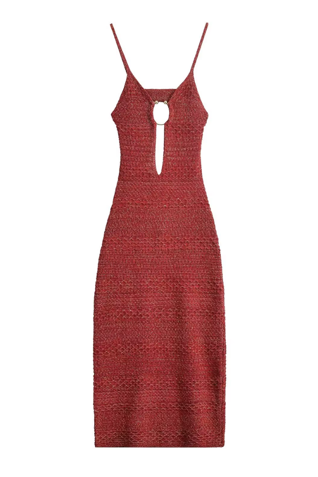 Rode knitted model hollow design backless jurk (video)