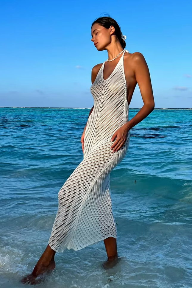 See-through wave design backless jurk (video)