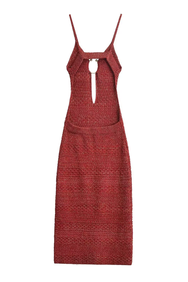 Rode knitted model hollow design backless jurk (video)