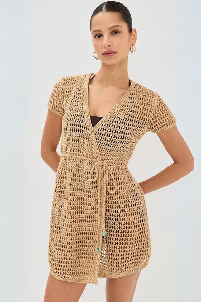 Knit hollow belt short sleeve wrap jurk