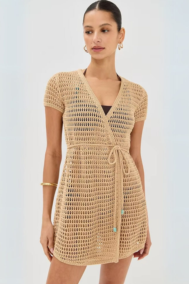 Knit hollow belt short sleeve wrap jurk