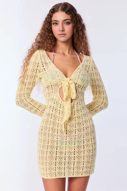 Cut out v-hals lace up knit bell sleeve wrap jurk (video)