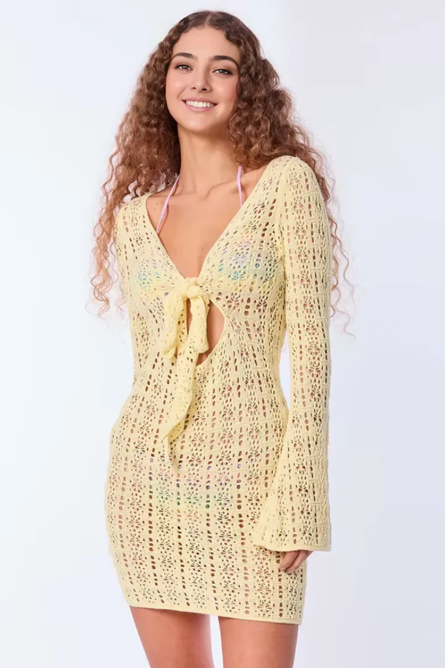 Cut out v-hals lace up knit bell sleeve wrap jurk (video)