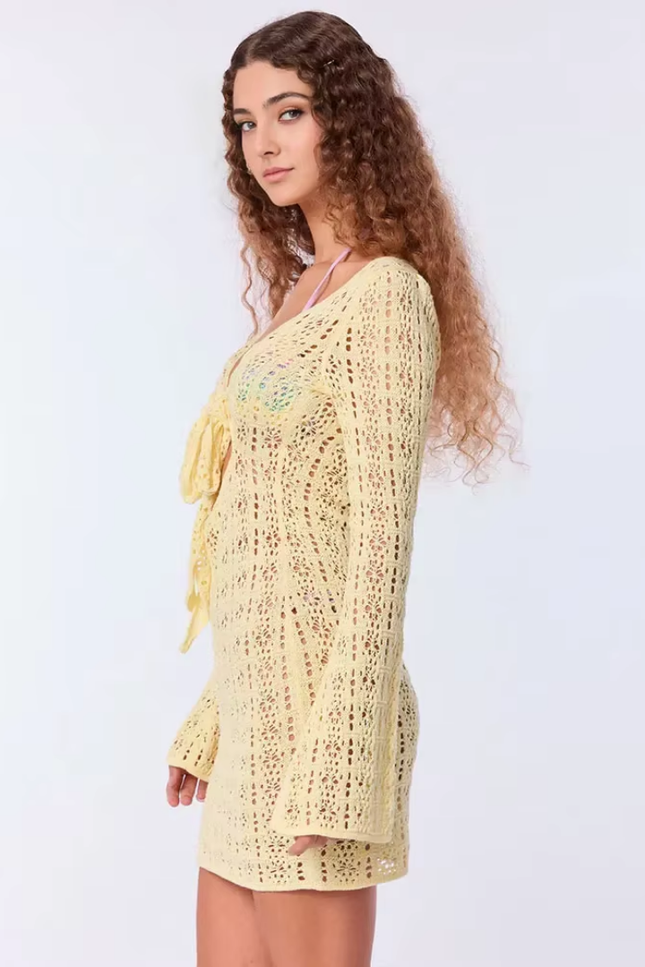 Cut out v-hals lace up knit bell sleeve wrap jurk (video)