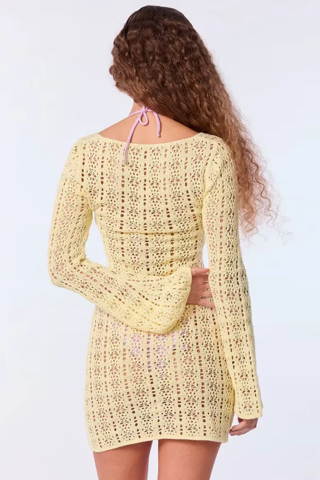 Cut out v-hals lace up knit bell sleeve wrap jurk (video)