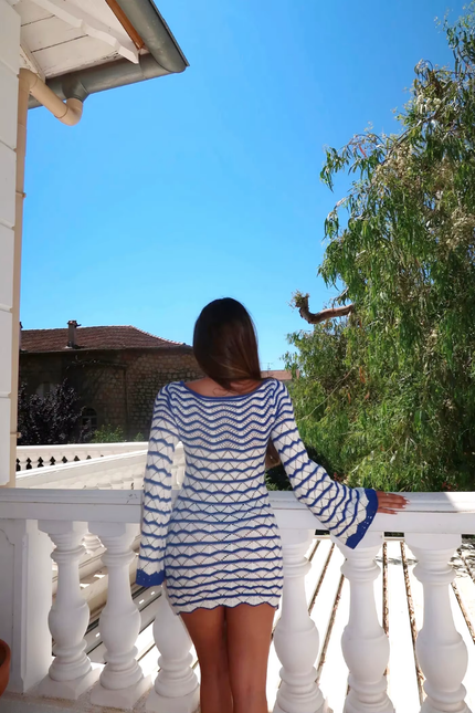 Boho gestreept chic v hals bells sleeve jurk