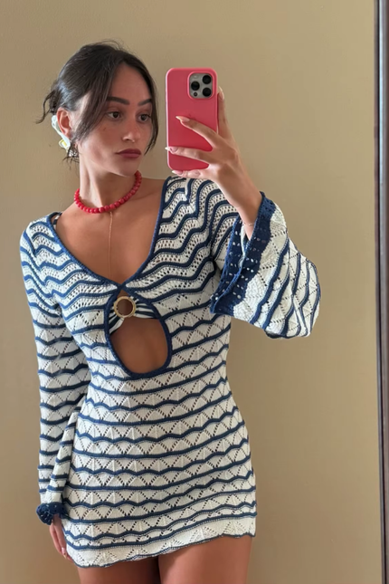 Boho gestreept chic v hals bells sleeve jurk