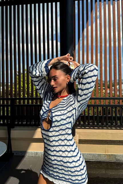 Boho gestreept chic v hals bells sleeve jurk
