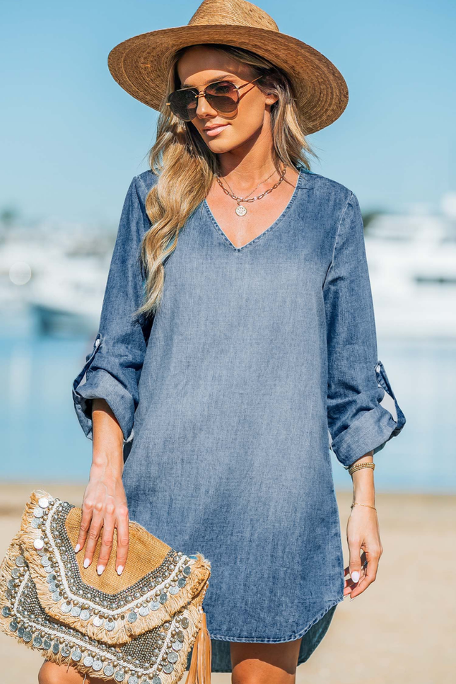 Stonewash model denim v hals jurk