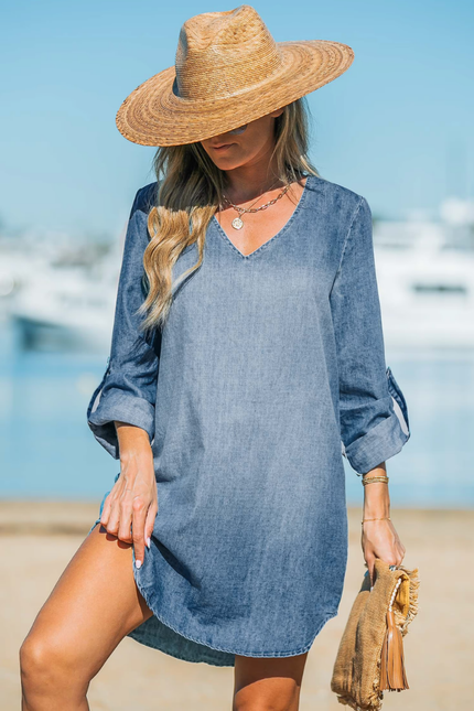 Stonewash model denim v hals jurk